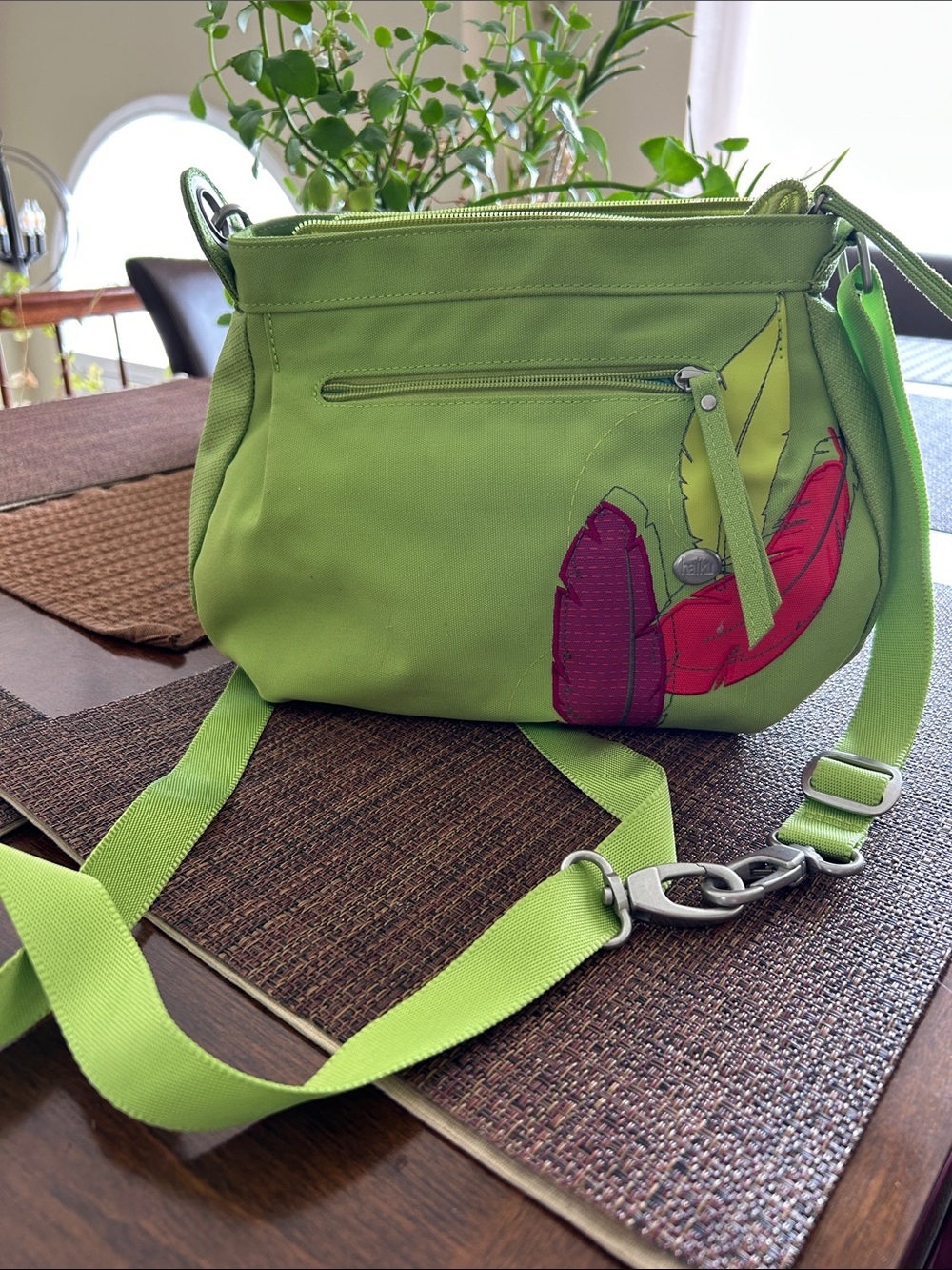 Haiku Lime Green Crossbody Bag with Colorful Feather Accent